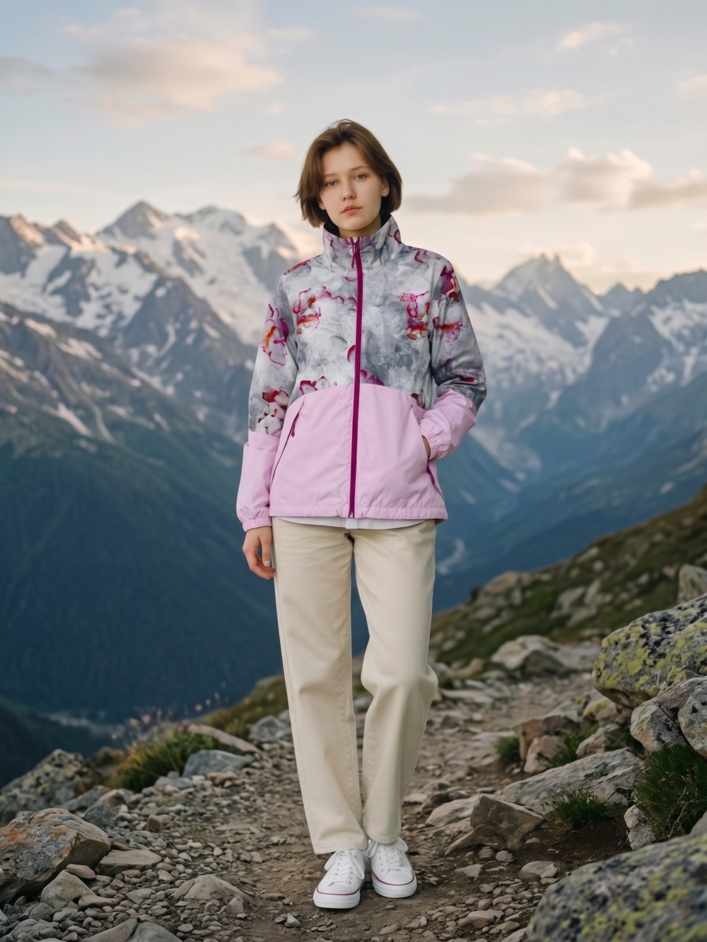 The North Face Pink & Gray Floral-Print Rain Jacket Size M